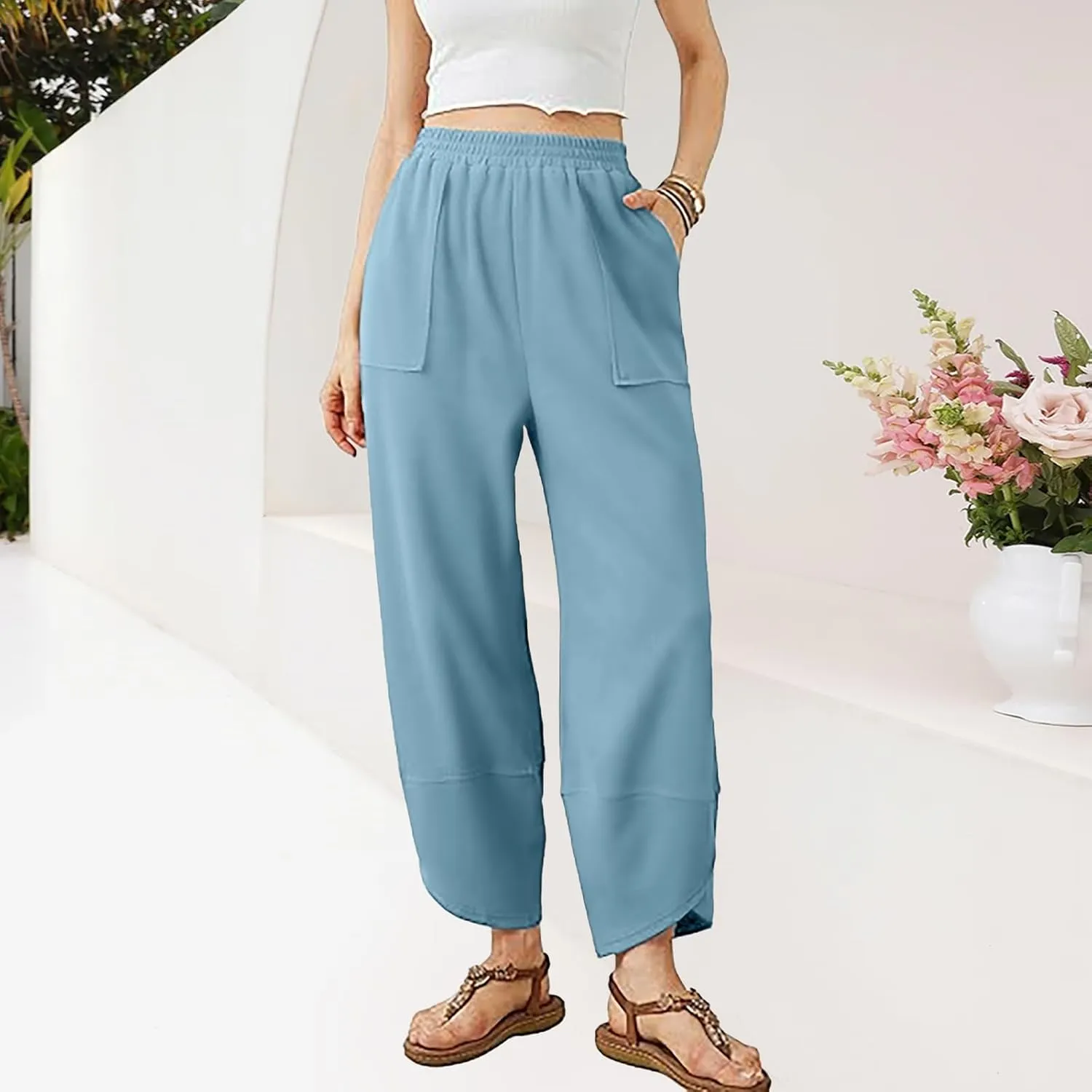 Womens Baggy Wide Leg Pants Elastic High Waisted Palazzo Harem Pants Curved Hem Lounge Sweatpants