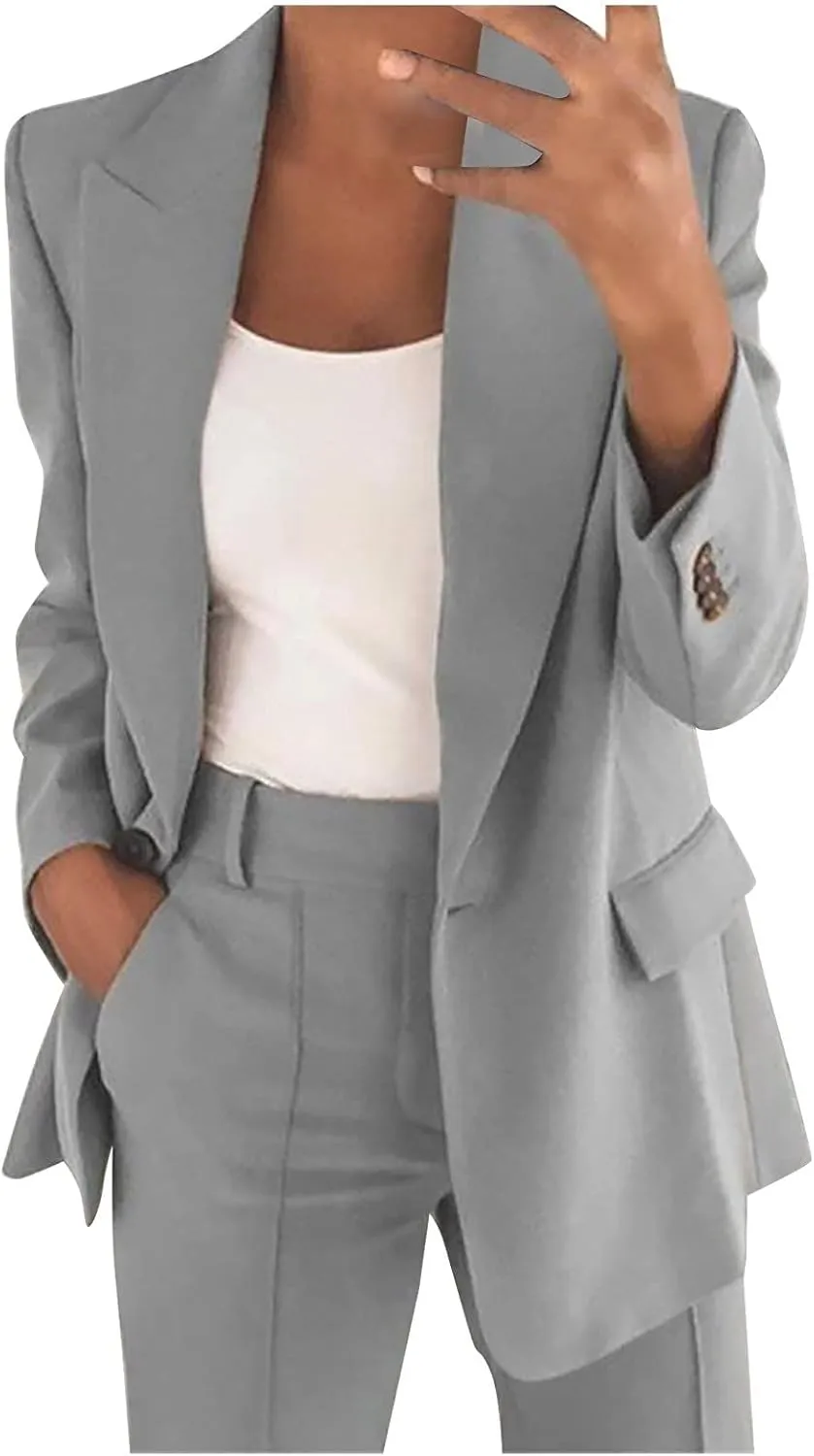 Womens Blazers for Work Casual Long Sleeve Suit Jackets Open Front Button Jackets Trendy Outerwear with Pockets