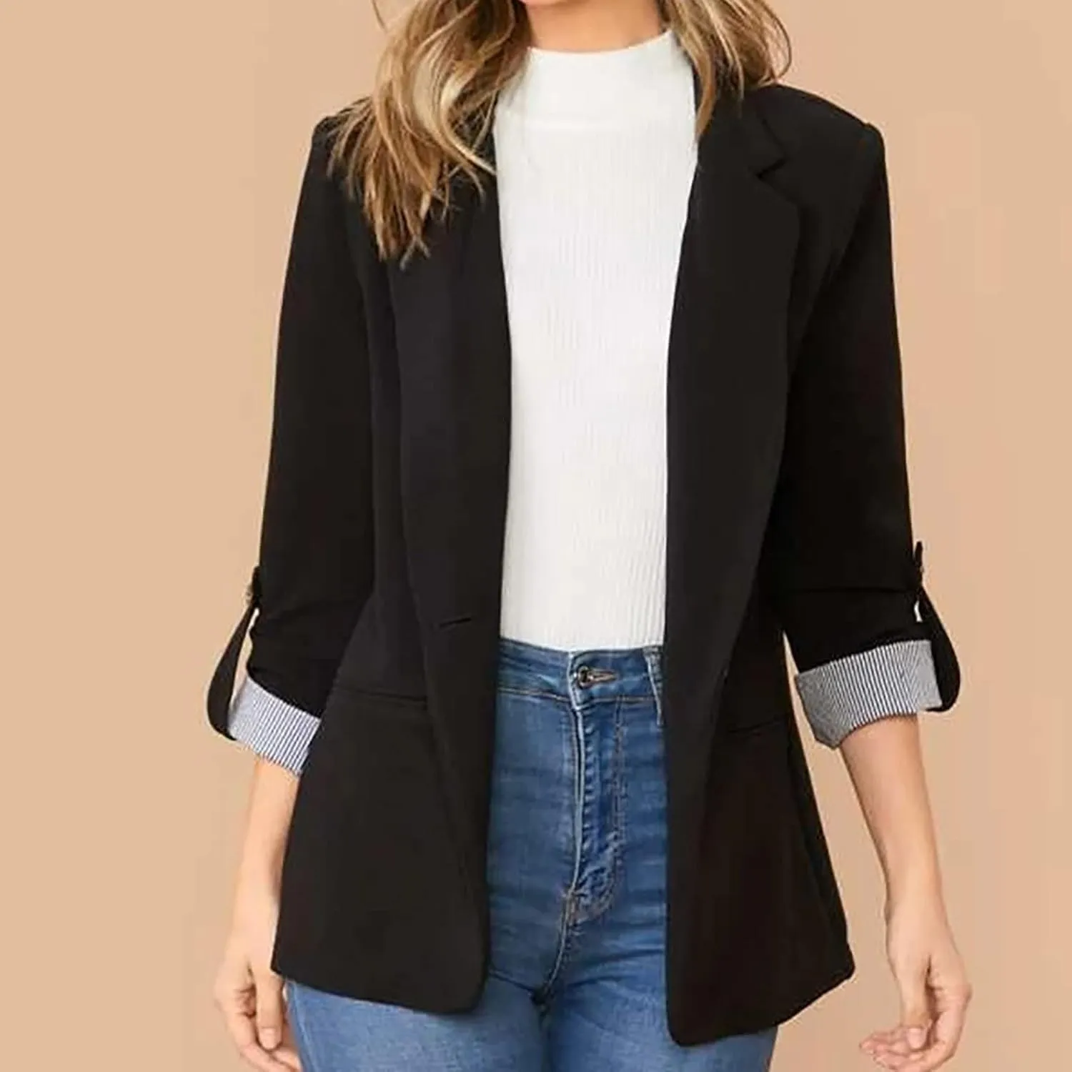 Womens Blazers for Work Casual Striped Patchwork Suit Jacket Dressy Work Button Long Sleeve Blazers for Women