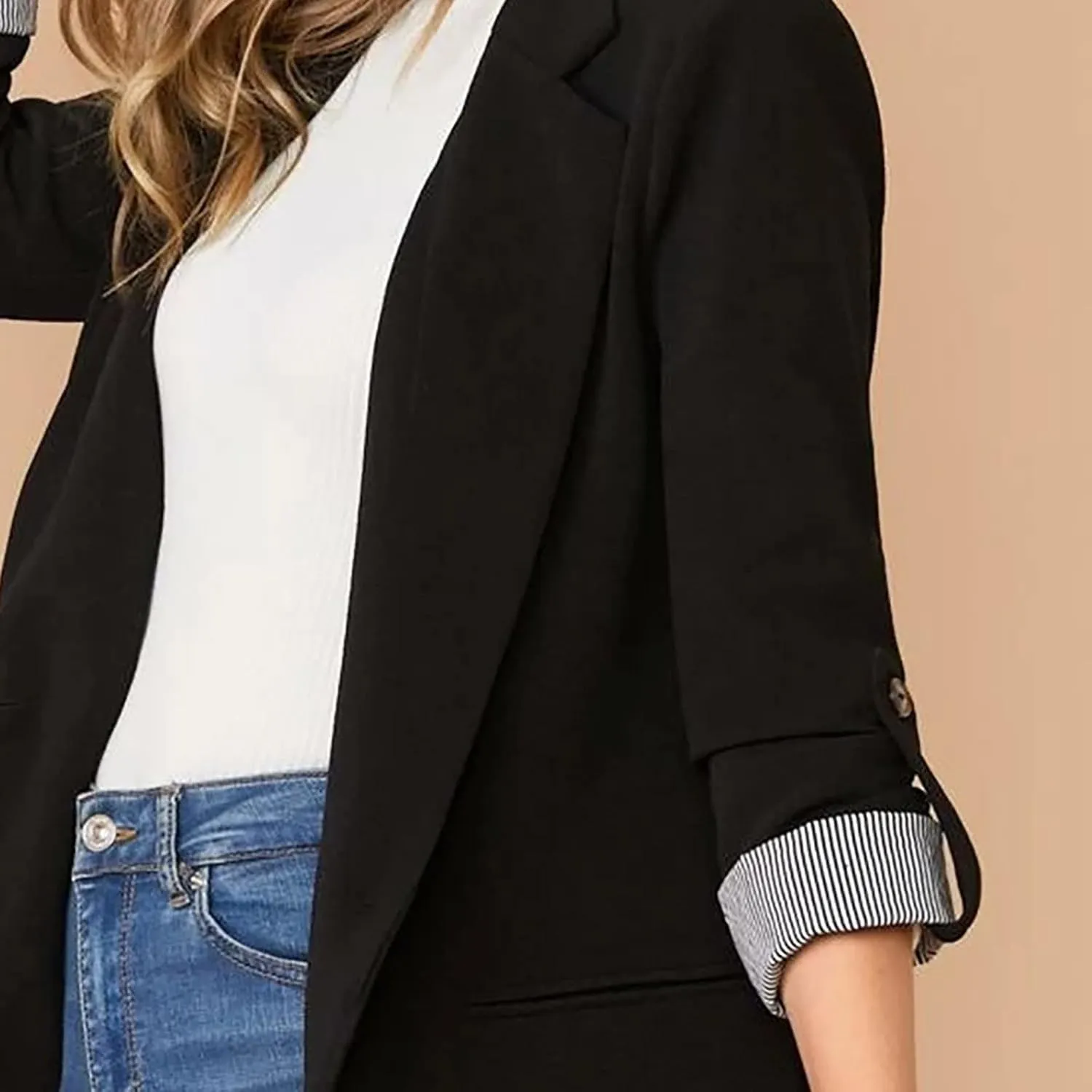 Womens Blazers for Work Casual Striped Patchwork Suit Jacket Dressy Work Button Long Sleeve Blazers for Women