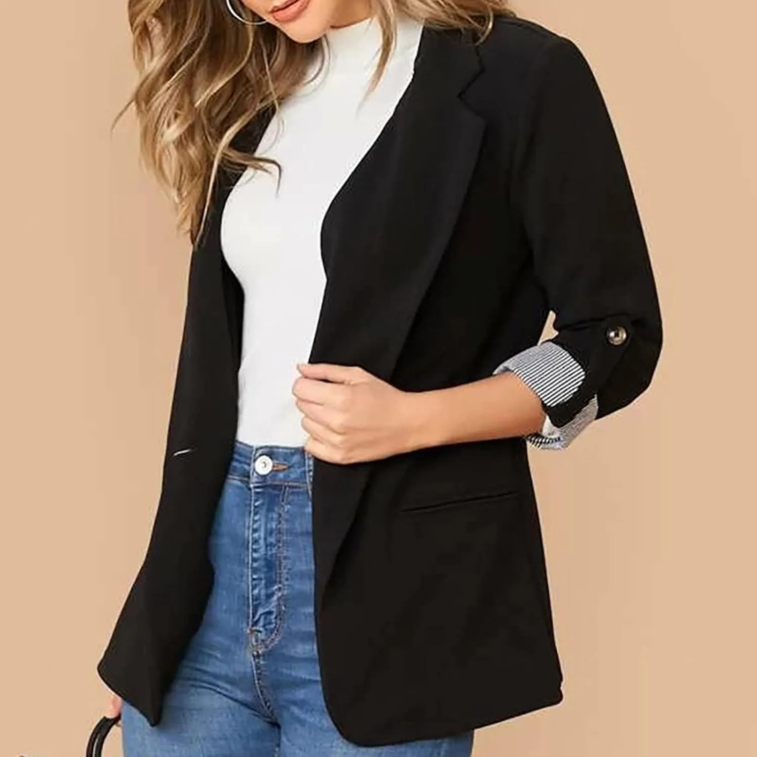 Womens Blazers for Work Casual Striped Patchwork Suit Jacket Dressy Work Button Long Sleeve Blazers for Women