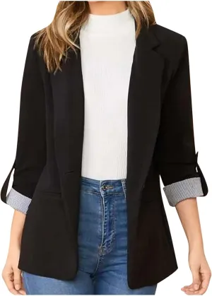 Womens Blazers for Work Casual Striped Patchwork Suit Jacket Dressy Work Button Long Sleeve Blazers for Women