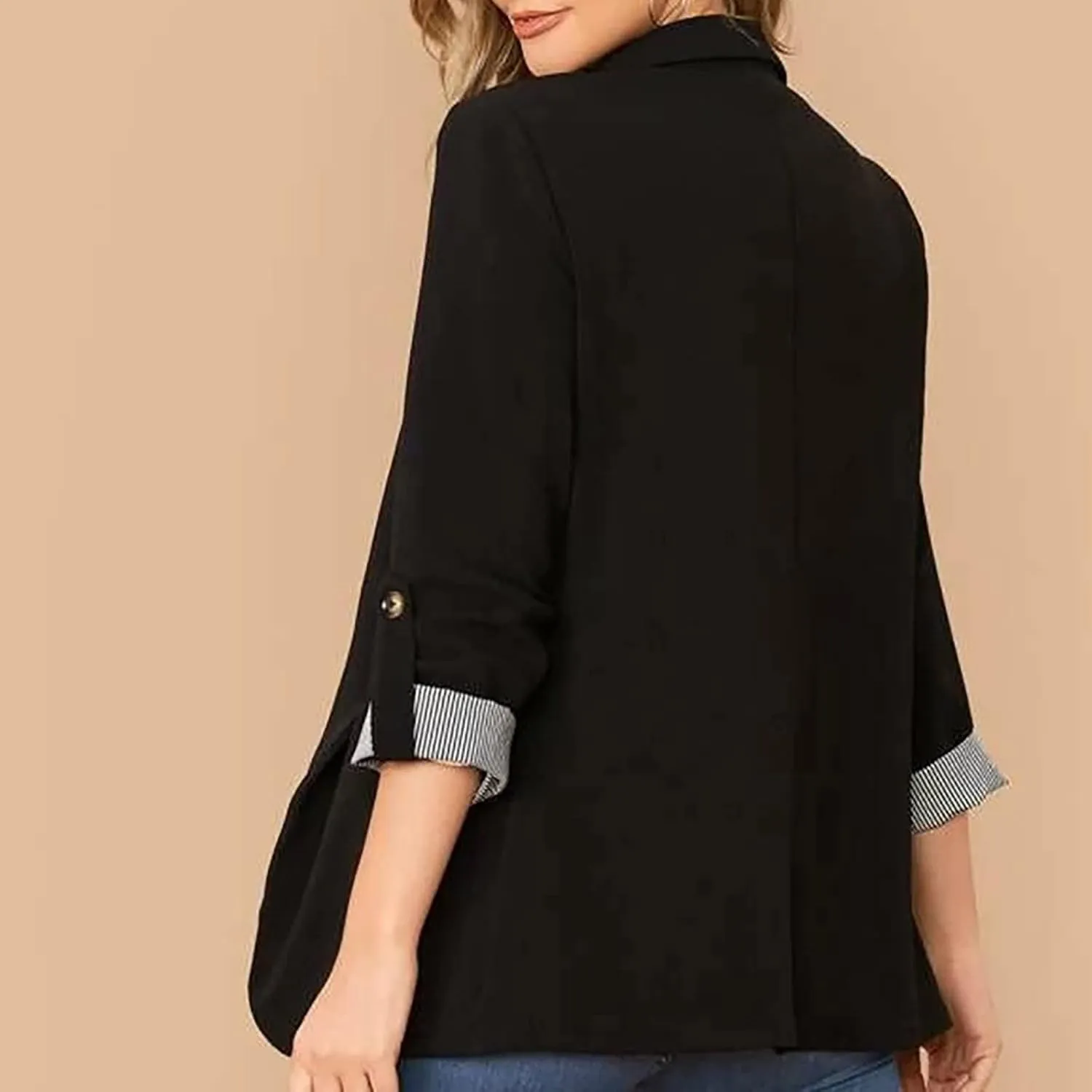 Womens Blazers for Work Casual Striped Patchwork Suit Jacket Dressy Work Button Long Sleeve Blazers for Women