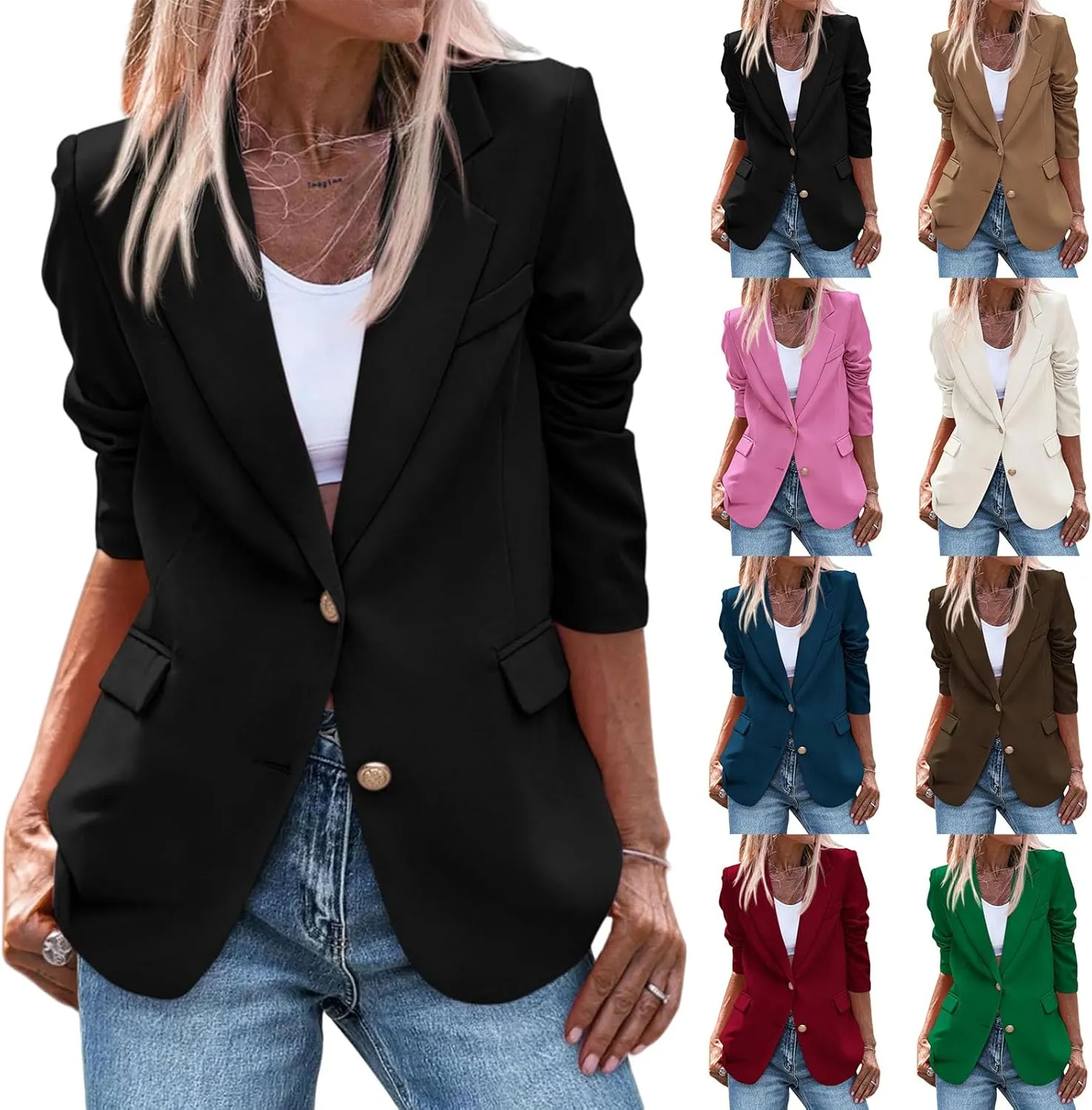Women's Business Blazers Casual Long Sleeve V Neck Work Office Blazer Elegant Loose Button Blazers with Pockets