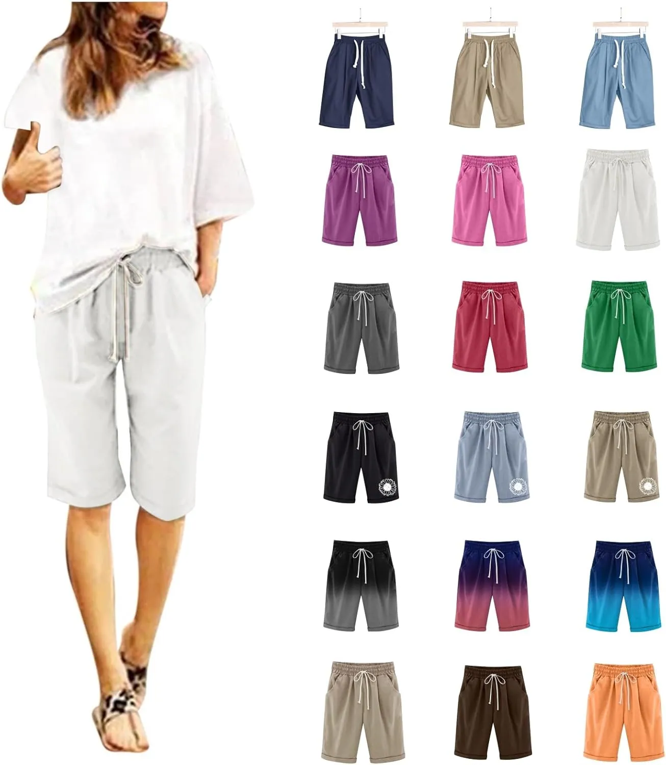 Women's Casual Shorts Cotton Elastic Waist Knee Length Bermuda Shorts Loose Fit Summer Drawstring Beach Shorts, Large