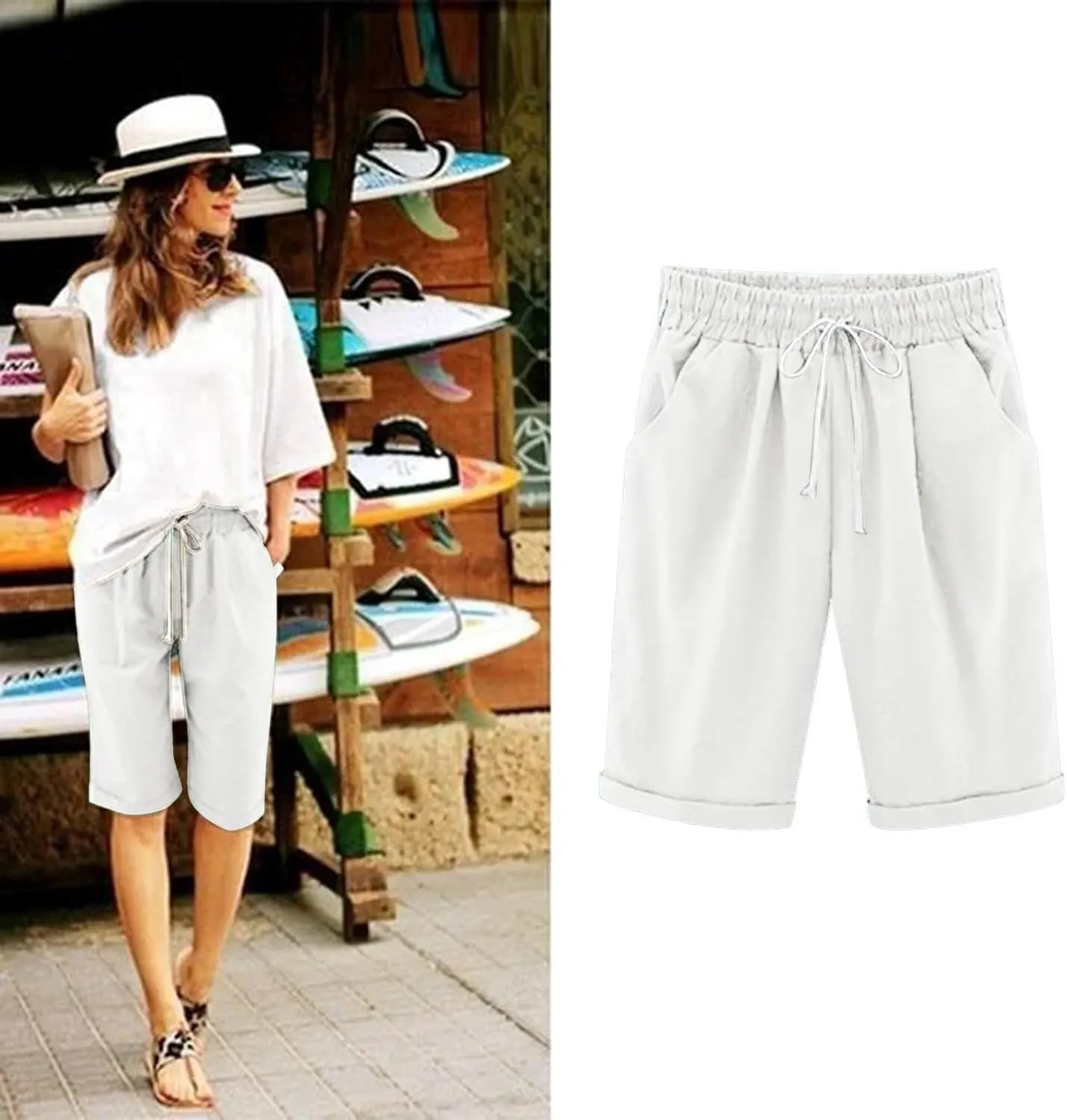 Women's Casual Shorts Cotton Elastic Waist Knee Length Bermuda Shorts Loose Fit Summer Drawstring Beach Shorts, Large