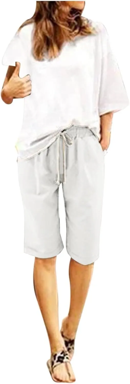 Women's Casual Shorts Cotton Elastic Waist Knee Length Bermuda Shorts Loose Fit Summer Drawstring Beach Shorts, Large