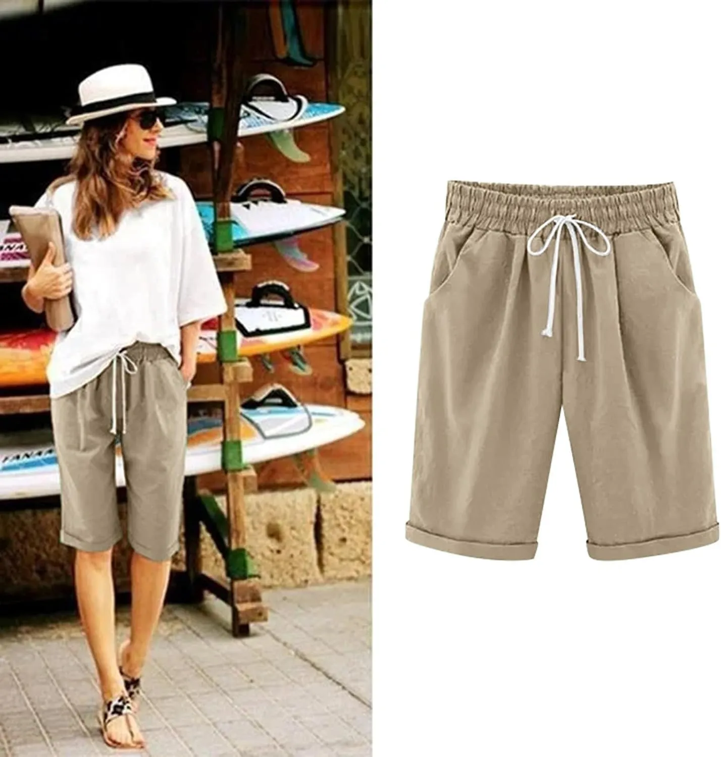 Women's Casual Shorts Cotton Elastic Waist Knee Length Bermuda Shorts Loose Fit Summer Drawstring Beach Shorts, Large