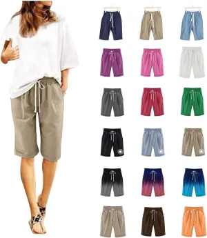 Women's Casual Shorts Cotton Elastic Waist Knee Length Bermuda Shorts Loose Fit Summer Drawstring Beach Shorts, Large