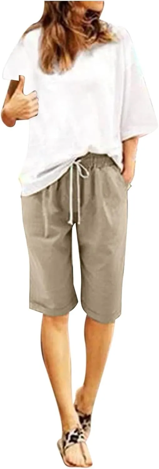 Women's Casual Shorts Cotton Elastic Waist Knee Length Bermuda Shorts Loose Fit Summer Drawstring Beach Shorts, Large
