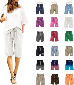 Women's Casual Shorts Cotton Elastic Waist Knee Length Bermuda Shorts Loose Fit Summer Drawstring Beach Shorts, Large