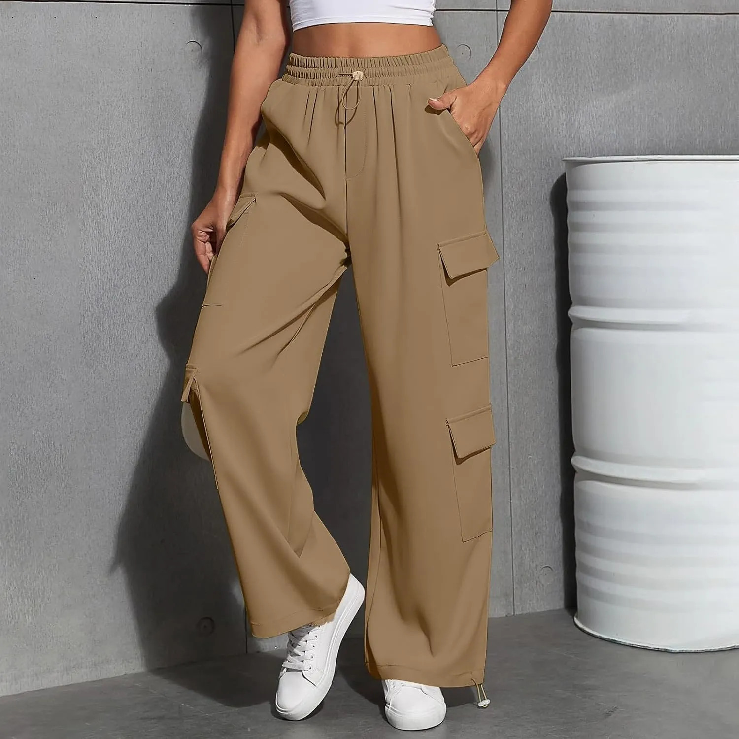 Women's Causal Drawstring Athletic Joggers High Waist Baggy Straight Wide Leg Pants Sweatpants with Multi Pockets