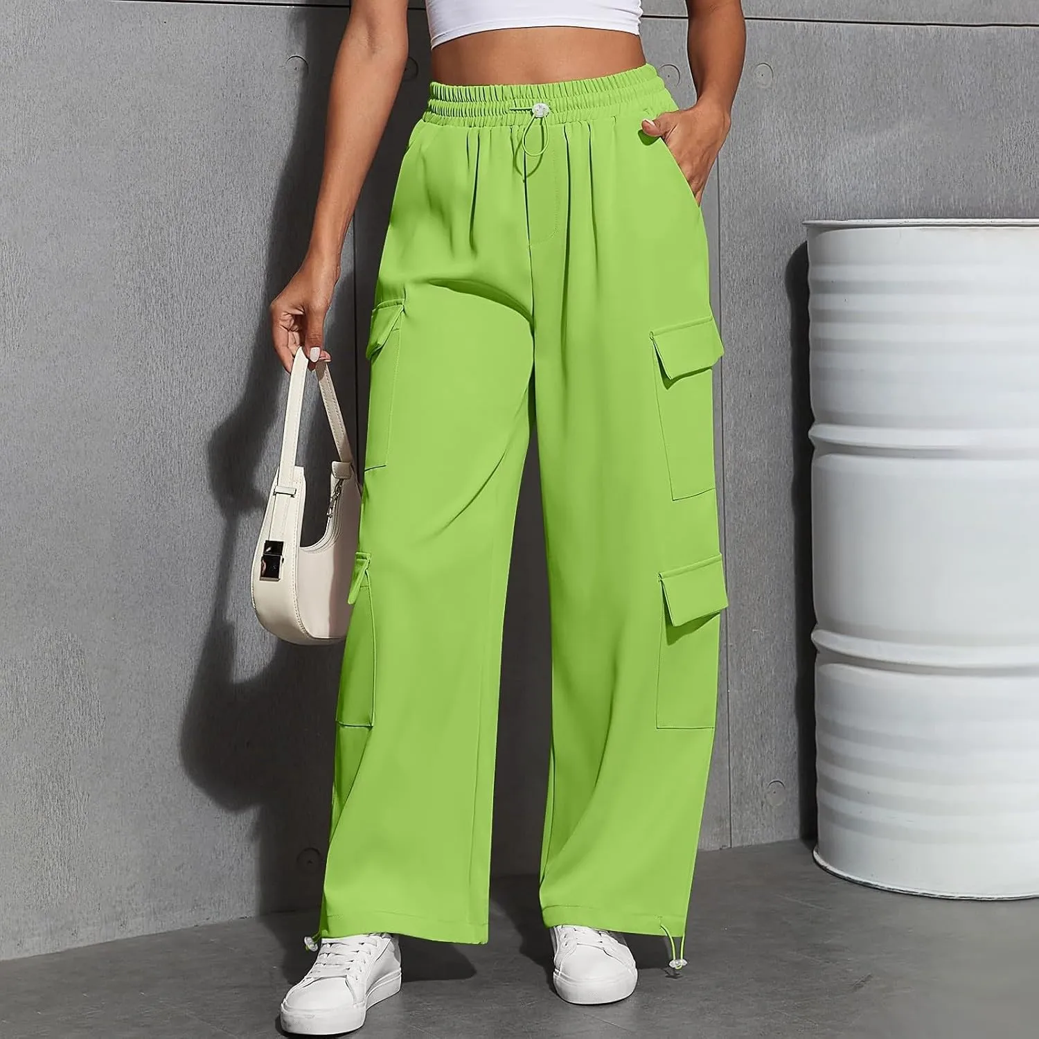 Women's Causal Drawstring Athletic Joggers High Waist Baggy Straight Wide Leg Pants Sweatpants with Multi Pockets