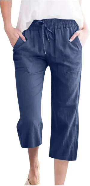 Womens Cotton Linen Capri Pants Dressy Casual Elastic Waist Drawstring Cropped Trousers Beach Vacation Travel Outfits