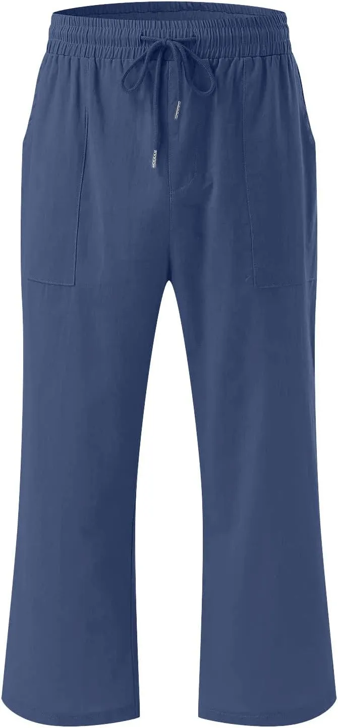 Womens Cotton Linen Capri Pants Dressy Casual Elastic Waist Drawstring Cropped Trousers Beach Vacation Travel Outfits