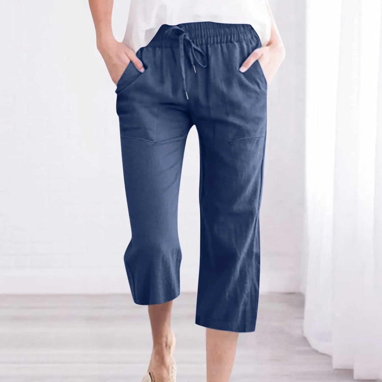Womens Cotton Linen Capri Pants Dressy Casual Elastic Waist Drawstring Cropped Trousers Beach Vacation Travel Outfits