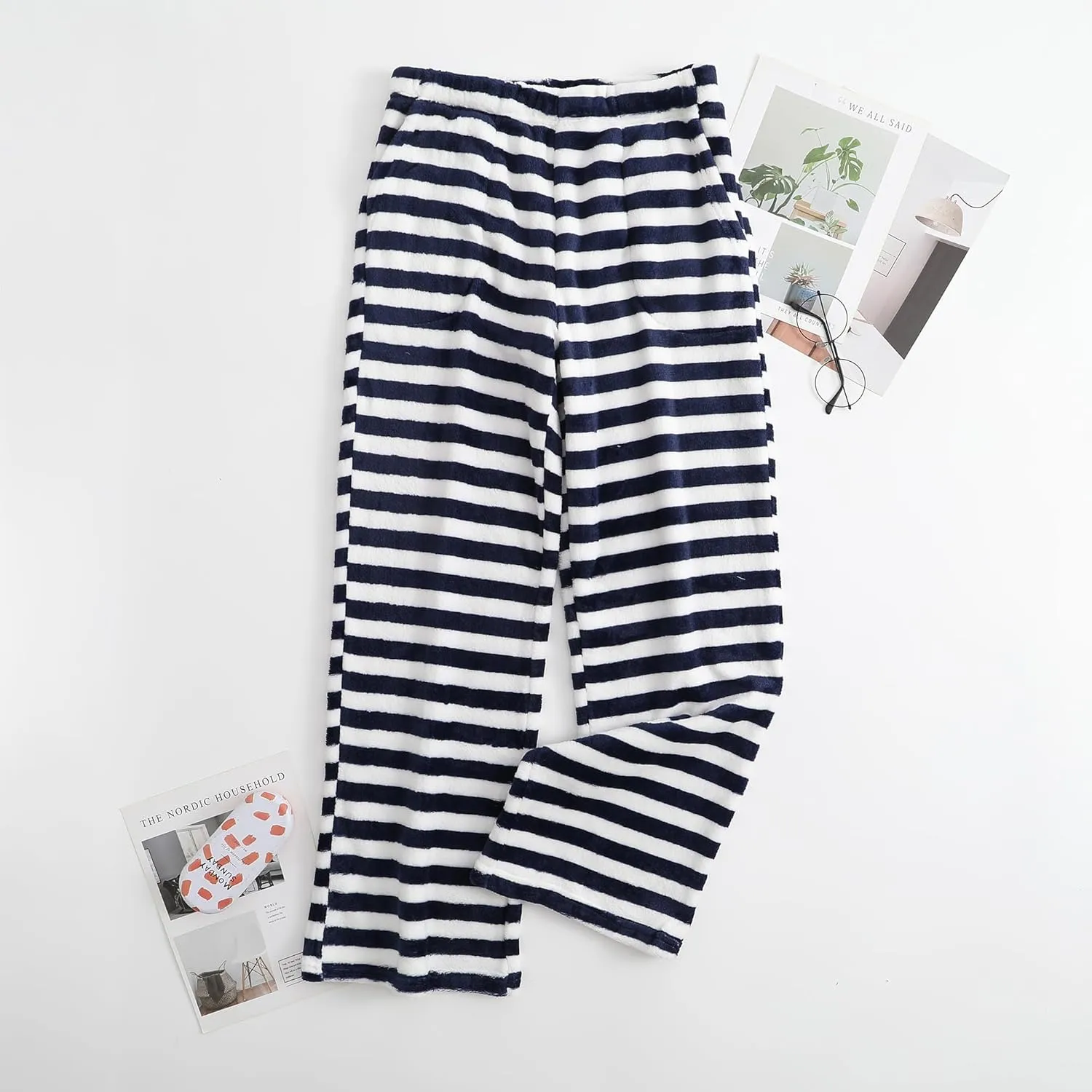 Womens Fuzzy Pajama Pants Elastic Waist Fluffy Pj Fleece Striped Pj Pants Comfy Lounge Sleepwear Pants with Pockets