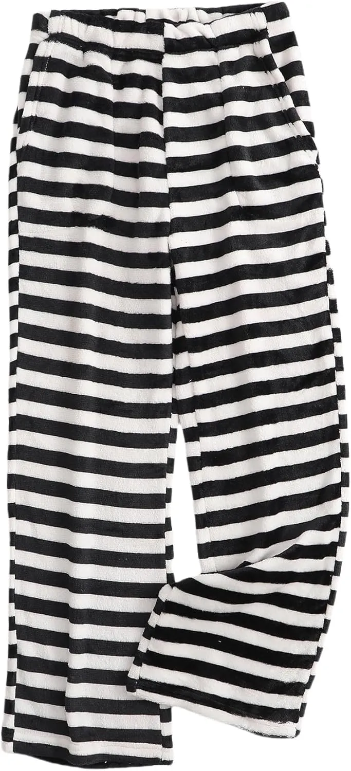 Womens Fuzzy Pajama Pants Elastic Waist Fluffy Pj Fleece Striped Pj Pants Comfy Lounge Sleepwear Pants with Pockets