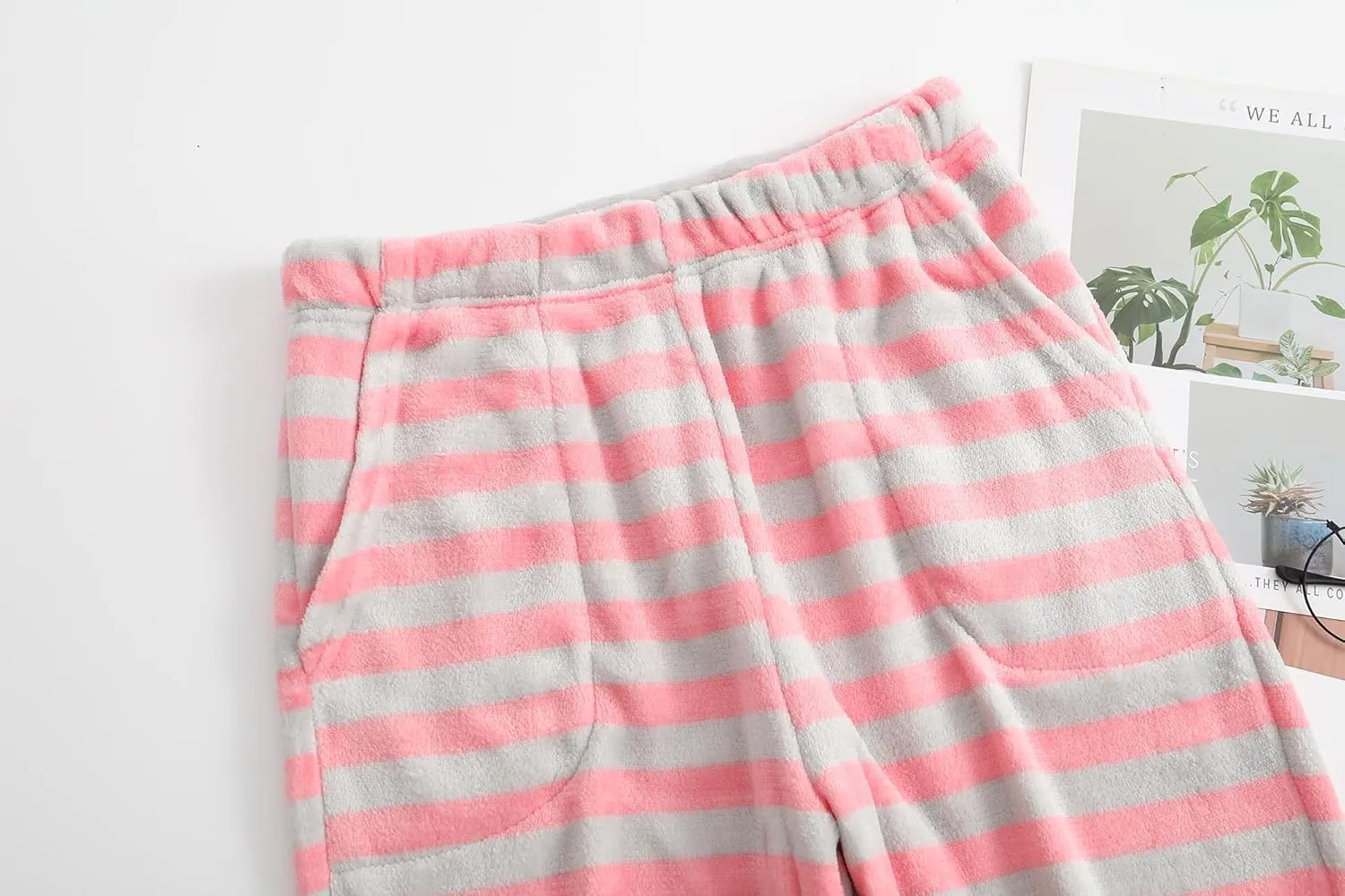 Womens Fuzzy Pajama Pants Elastic Waist Fluffy Pj Fleece Striped Pj Pants Comfy Lounge Sleepwear Pants with Pockets