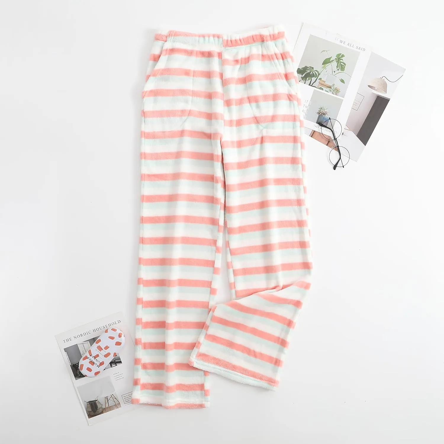 Womens Fuzzy Pajama Pants Elastic Waist Fluffy Pj Fleece Striped Pj Pants Comfy Lounge Sleepwear Pants with Pockets