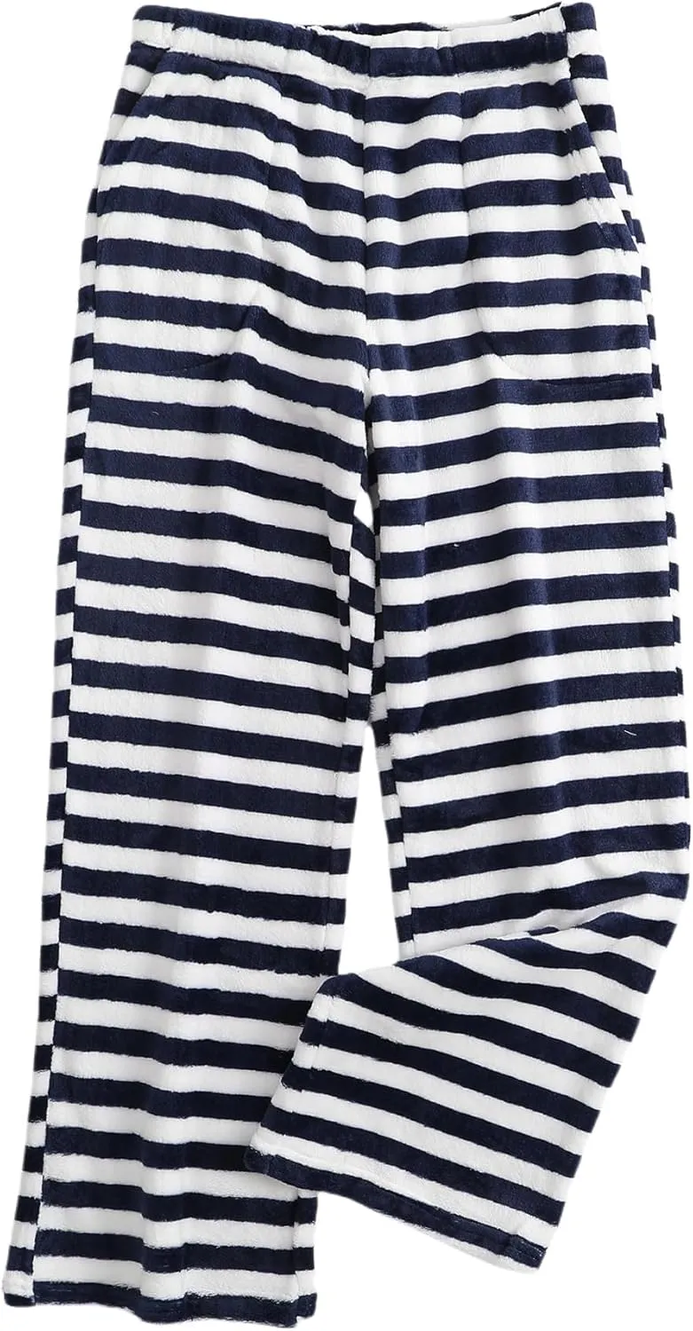 Womens Fuzzy Pajama Pants Elastic Waist Fluffy Pj Fleece Striped Pj Pants Comfy Lounge Sleepwear Pants with Pockets
