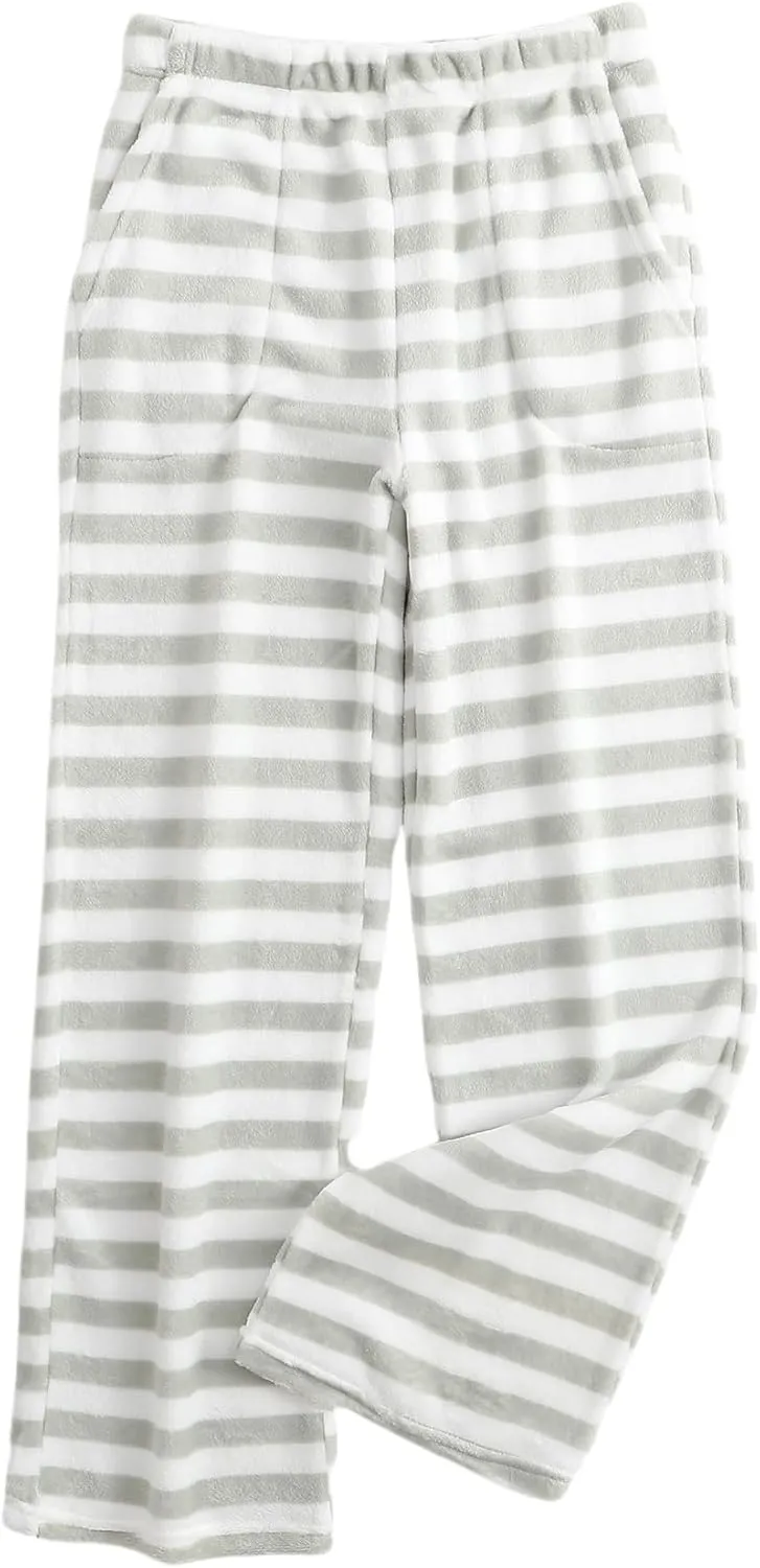 Womens Fuzzy Pajama Pants Elastic Waist Fluffy Pj Fleece Striped Pj Pants Comfy Lounge Sleepwear Pants with Pockets