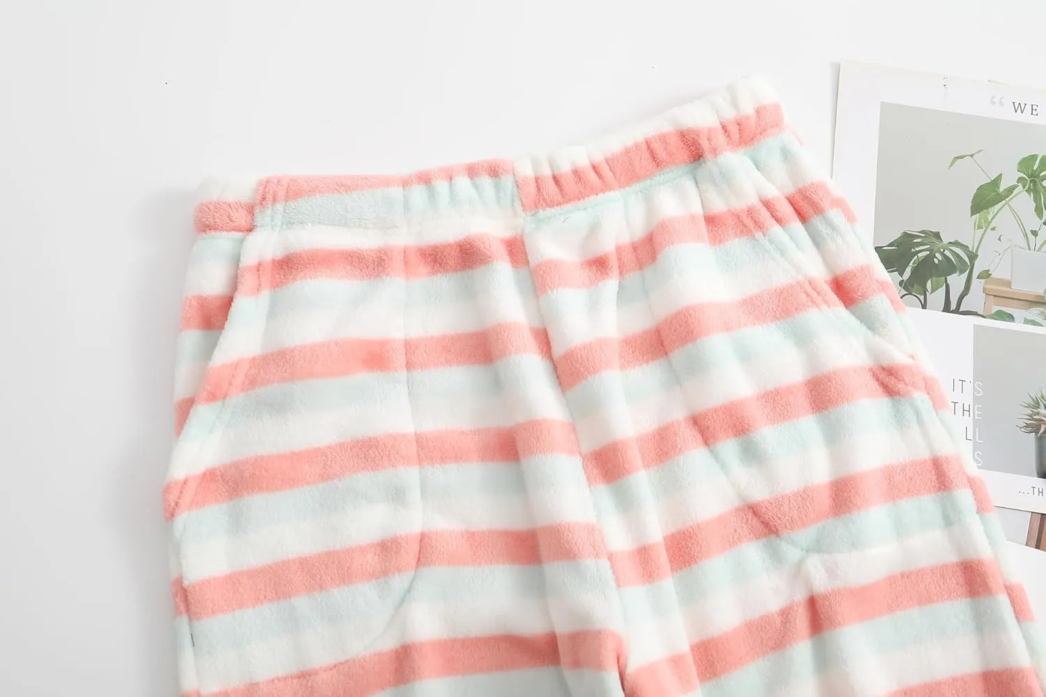 Womens Fuzzy Pajama Pants Elastic Waist Fluffy Pj Fleece Striped Pj Pants Comfy Lounge Sleepwear Pants with Pockets