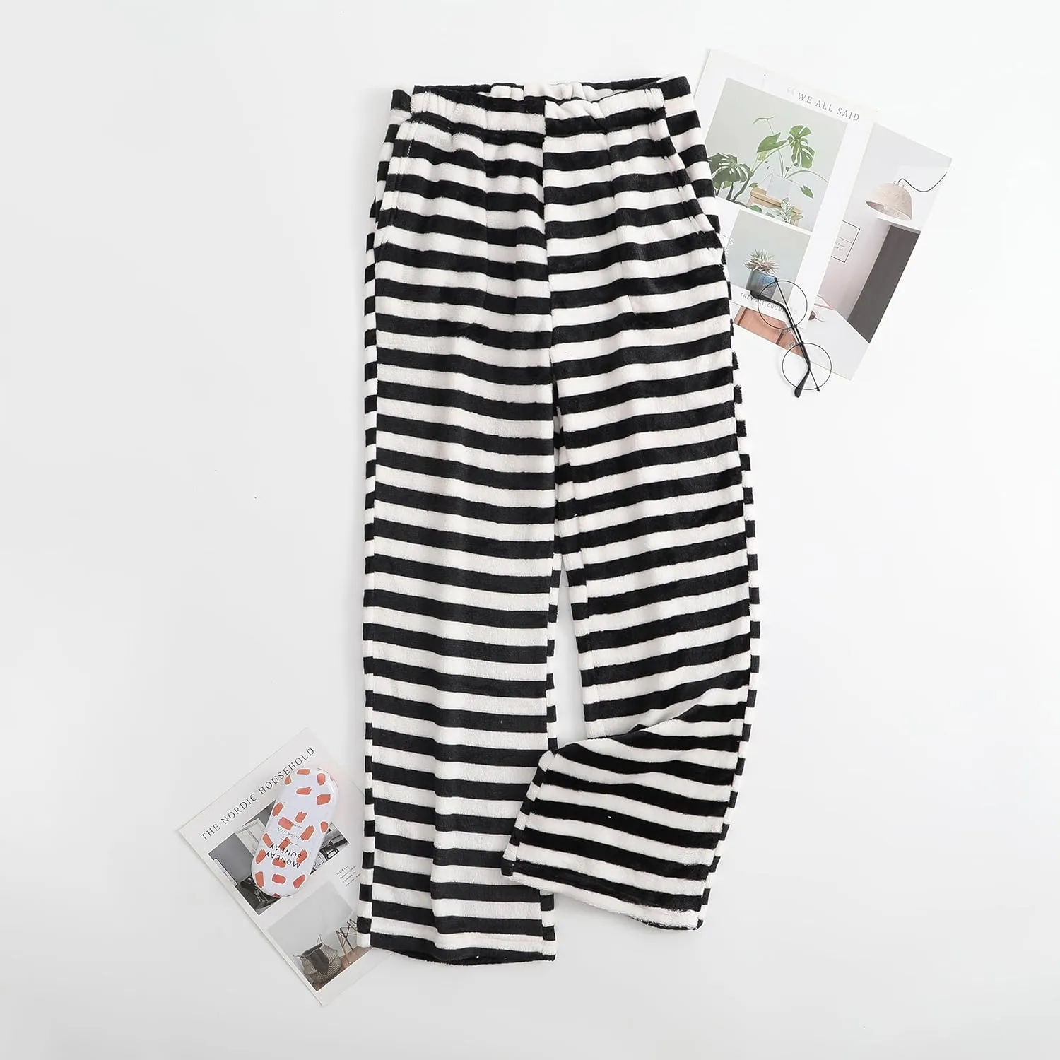 Womens Fuzzy Pajama Pants Elastic Waist Fluffy Pj Fleece Striped Pj Pants Comfy Lounge Sleepwear Pants with Pockets