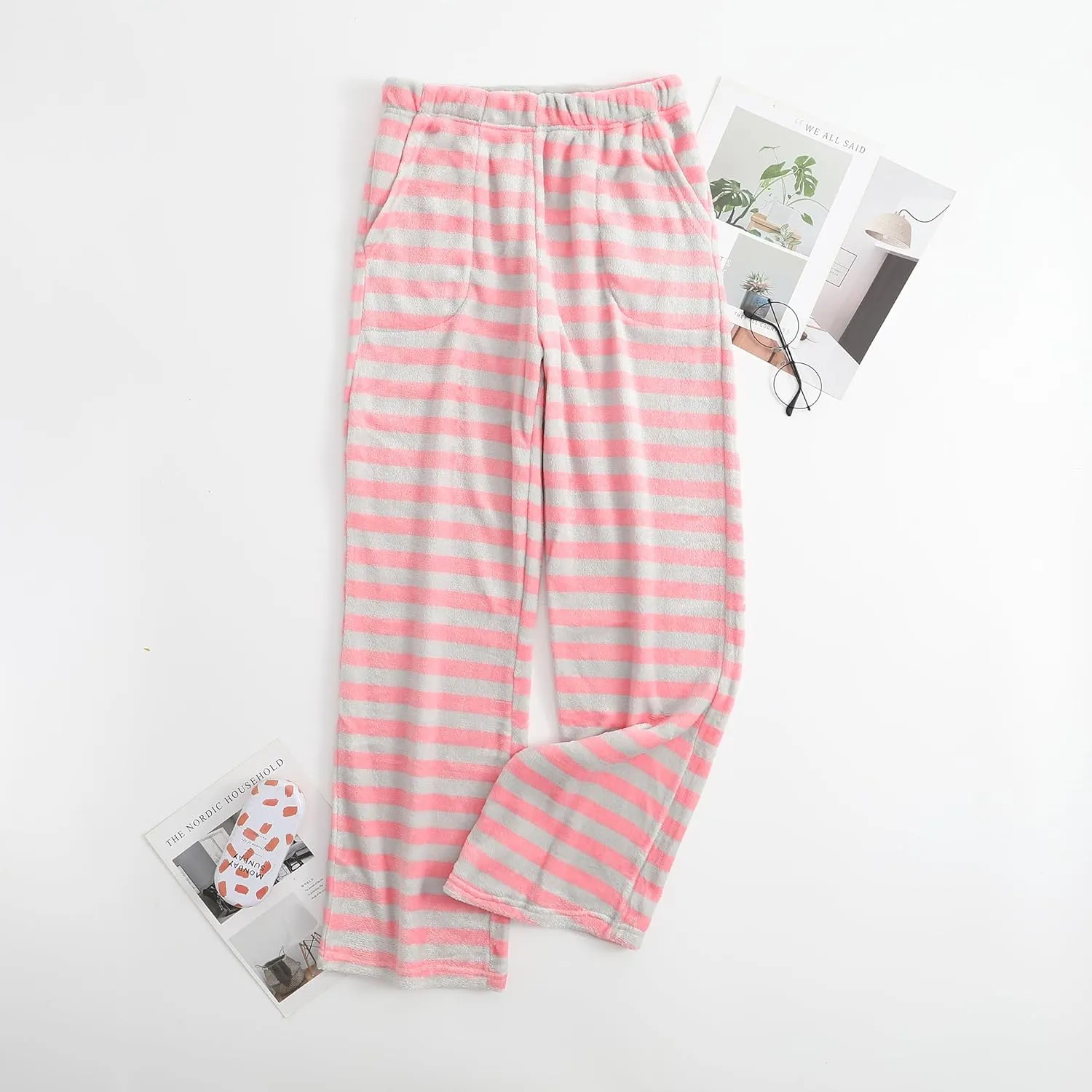 Womens Fuzzy Pajama Pants Elastic Waist Fluffy Pj Fleece Striped Pj Pants Comfy Lounge Sleepwear Pants with Pockets