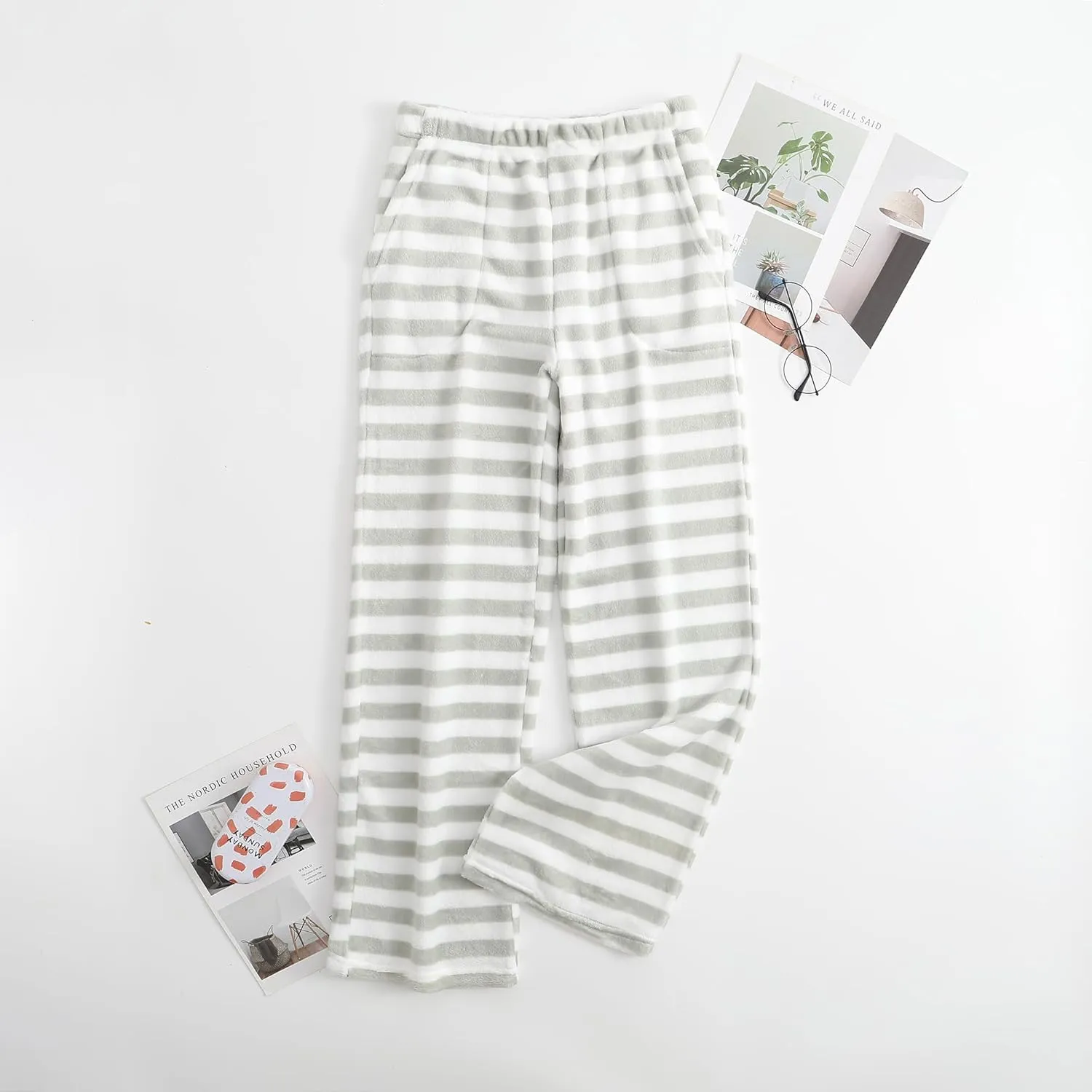Womens Fuzzy Pajama Pants Elastic Waist Fluffy Pj Fleece Striped Pj Pants Comfy Lounge Sleepwear Pants with Pockets
