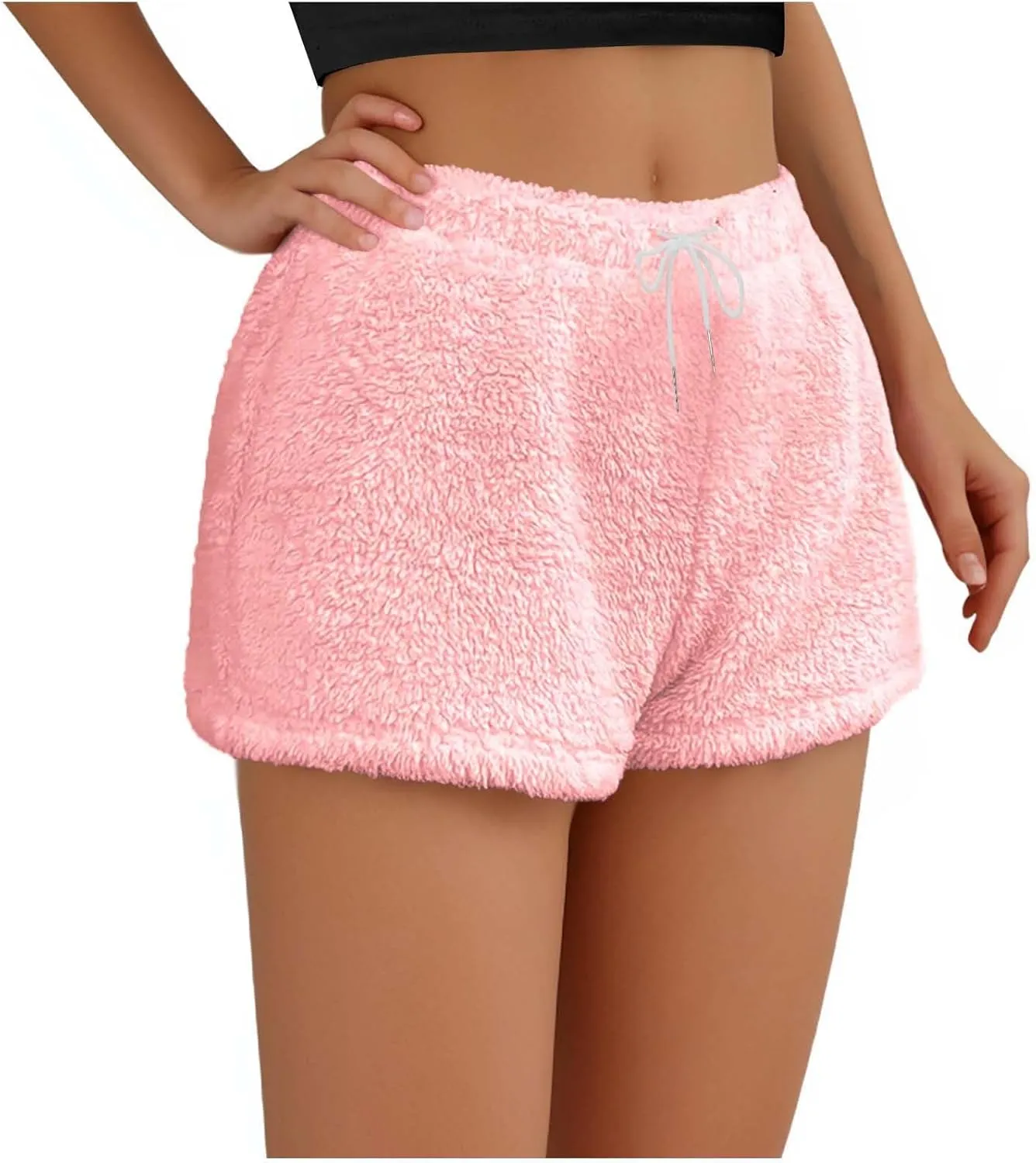 Women's Fuzzy Pajama Shorts Fleece Lounge Short Pants Comfy Drawstring Waist Sleepwear Winter Warm Loungewear