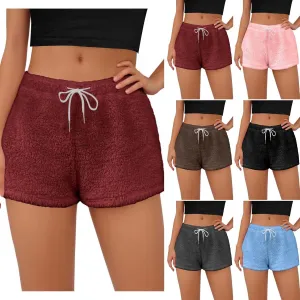 Women's Fuzzy Pajama Shorts Fleece Lounge Short Pants Comfy Drawstring Waist Sleepwear Winter Warm Loungewear
