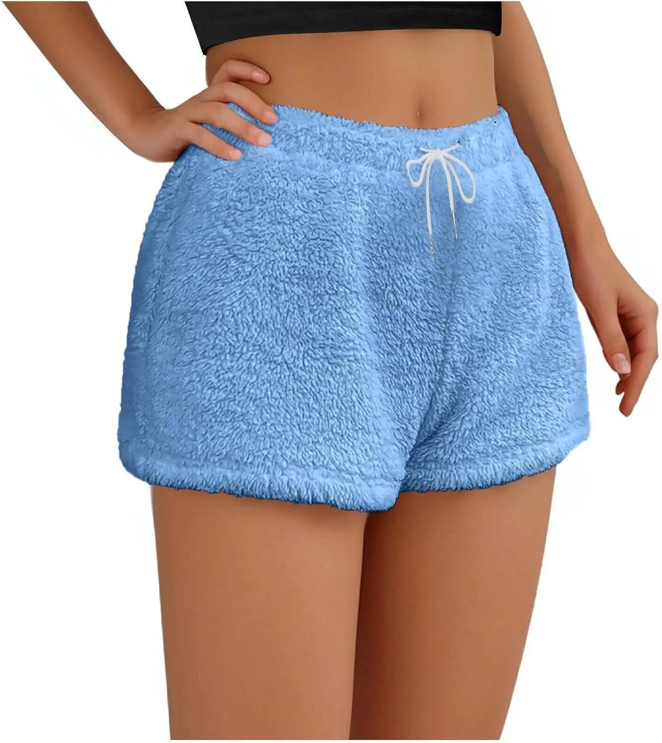 Women's Fuzzy Pajama Shorts Fleece Lounge Short Pants Comfy Drawstring Waist Sleepwear Winter Warm Loungewear