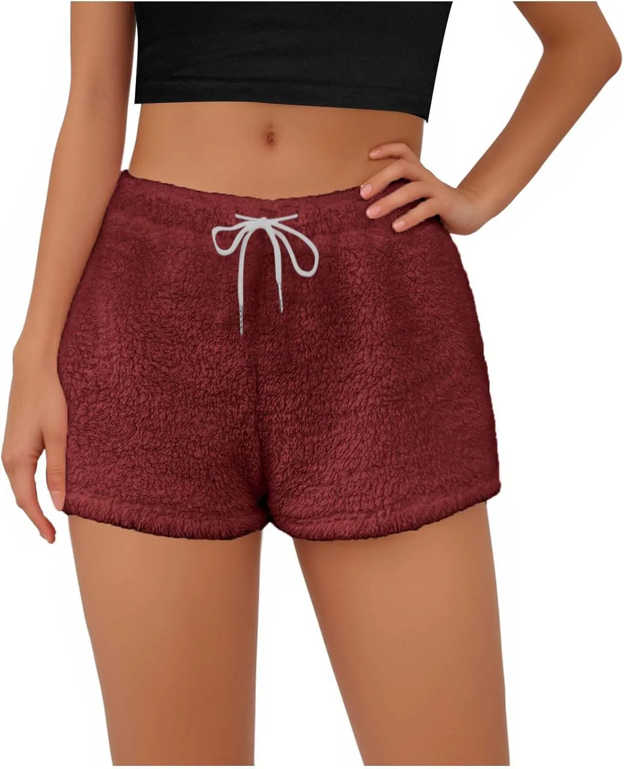 Women's Fuzzy Pajama Shorts Fleece Lounge Short Pants Comfy Drawstring Waist Sleepwear Winter Warm Loungewear
