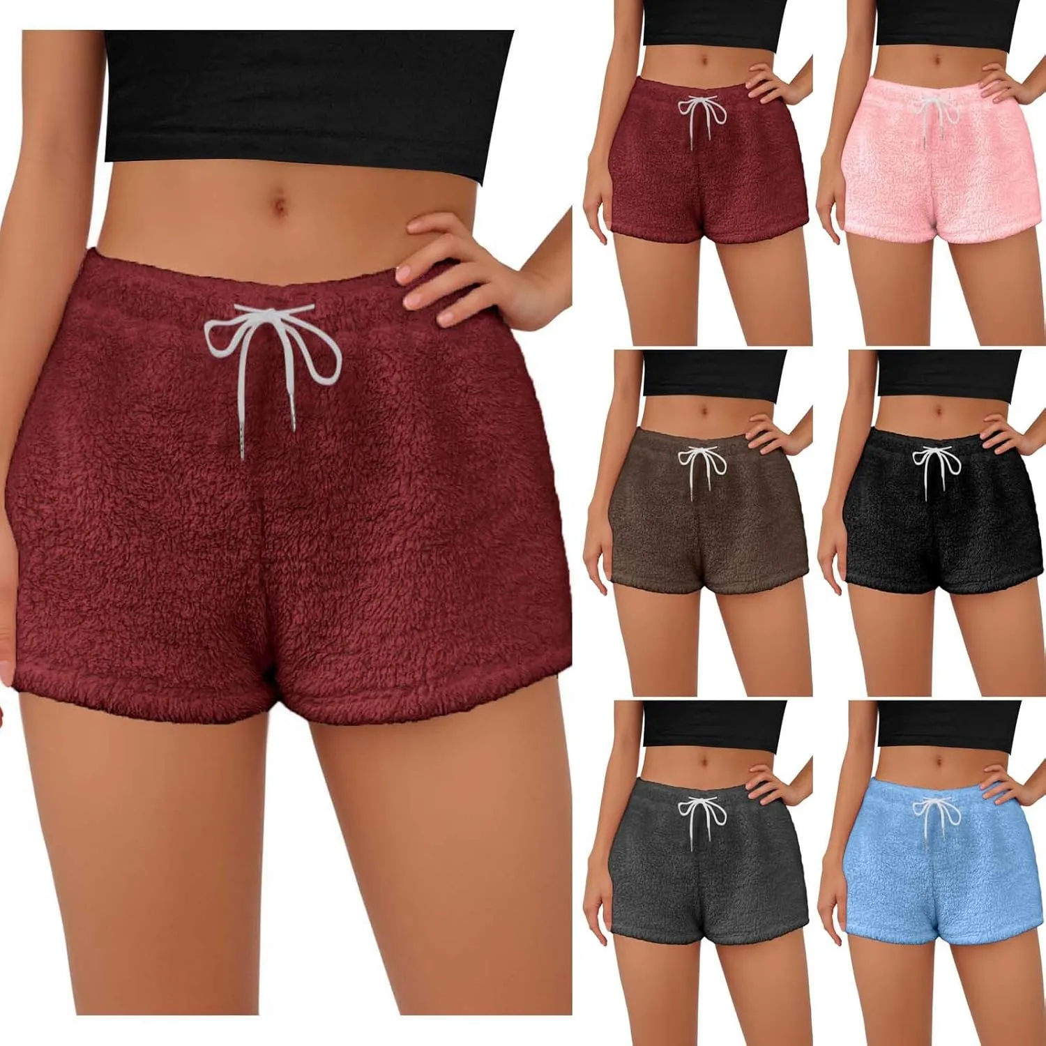 Women's Fuzzy Pajama Shorts Fleece Lounge Short Pants Comfy Drawstring Waist Sleepwear Winter Warm Loungewear