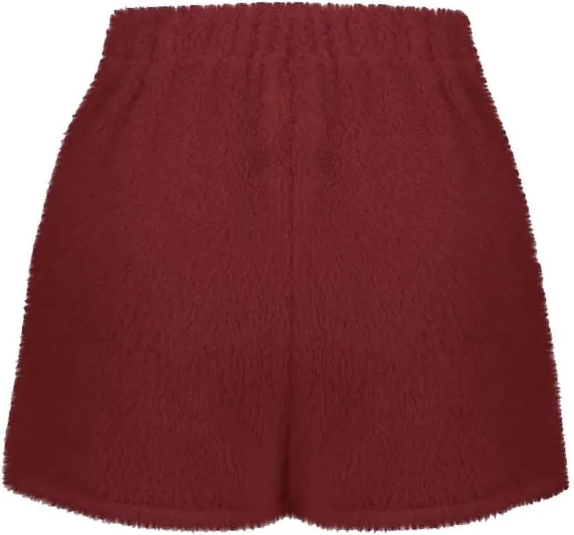 Women's Fuzzy Pajama Shorts Fleece Lounge Short Pants Comfy Drawstring Waist Sleepwear Winter Warm Loungewear