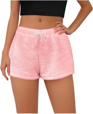 Women's Fuzzy Pajama Shorts Fleece Lounge Short Pants Comfy Drawstring Waist Sleepwear Winter Warm Loungewear
