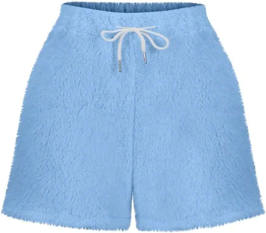 Women's Fuzzy Pajama Shorts Fleece Lounge Short Pants Comfy Drawstring Waist Sleepwear Winter Warm Loungewear