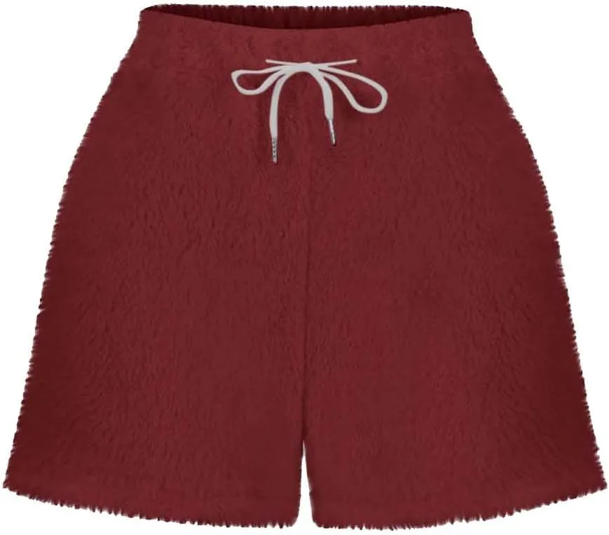 Women's Fuzzy Pajama Shorts Fleece Lounge Short Pants Comfy Drawstring Waist Sleepwear Winter Warm Loungewear