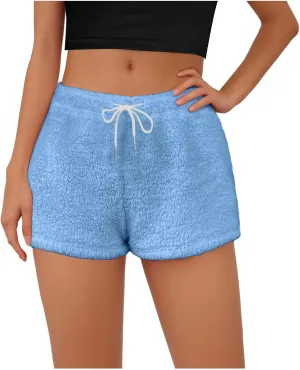 Women's Fuzzy Pajama Shorts Fleece Lounge Short Pants Comfy Drawstring Waist Sleepwear Winter Warm Loungewear