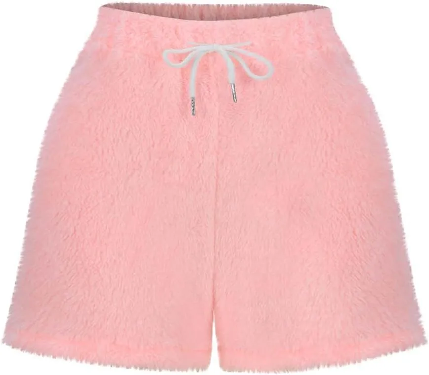 Women's Fuzzy Pajama Shorts Fleece Lounge Short Pants Comfy Drawstring Waist Sleepwear Winter Warm Loungewear