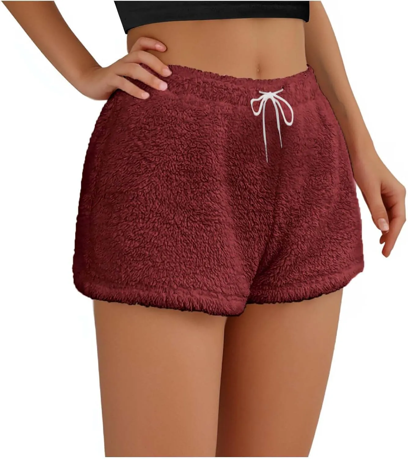 Women's Fuzzy Pajama Shorts Fleece Lounge Short Pants Comfy Drawstring Waist Sleepwear Winter Warm Loungewear