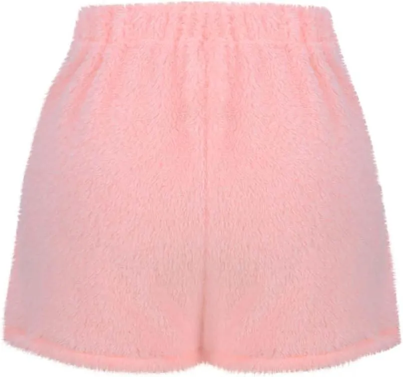 Women's Fuzzy Pajama Shorts Fleece Lounge Short Pants Comfy Drawstring Waist Sleepwear Winter Warm Loungewear