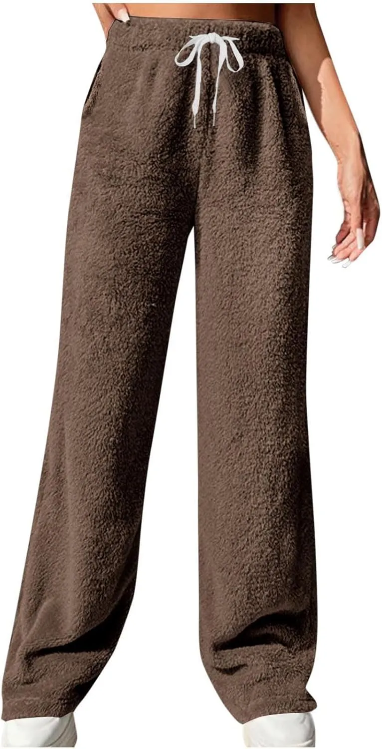 Women's Fuzzy Pajamas Pants Comfy Warm Fleece Lounge Long Pjs Pants Sleepwear Bottoms Home Sweatpant with Pocket