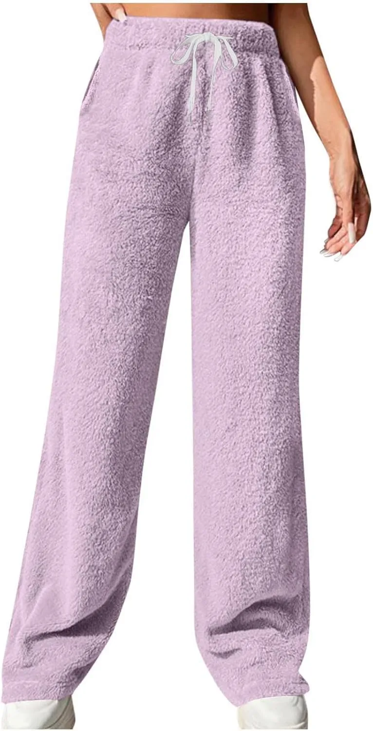 Women's Fuzzy Pajamas Pants Comfy Warm Fleece Lounge Long Pjs Pants Sleepwear Bottoms Home Sweatpant with Pocket