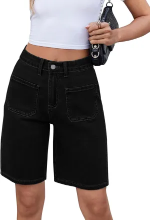 Women's High Waisted Stretchy Bermuda Denim Shorts - Trendy Casual Loose Fit
