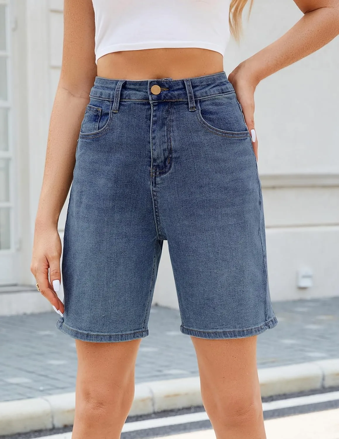 Women's High Waisted Stretchy Bermuda Denim Shorts - Trendy Casual Loose Fit