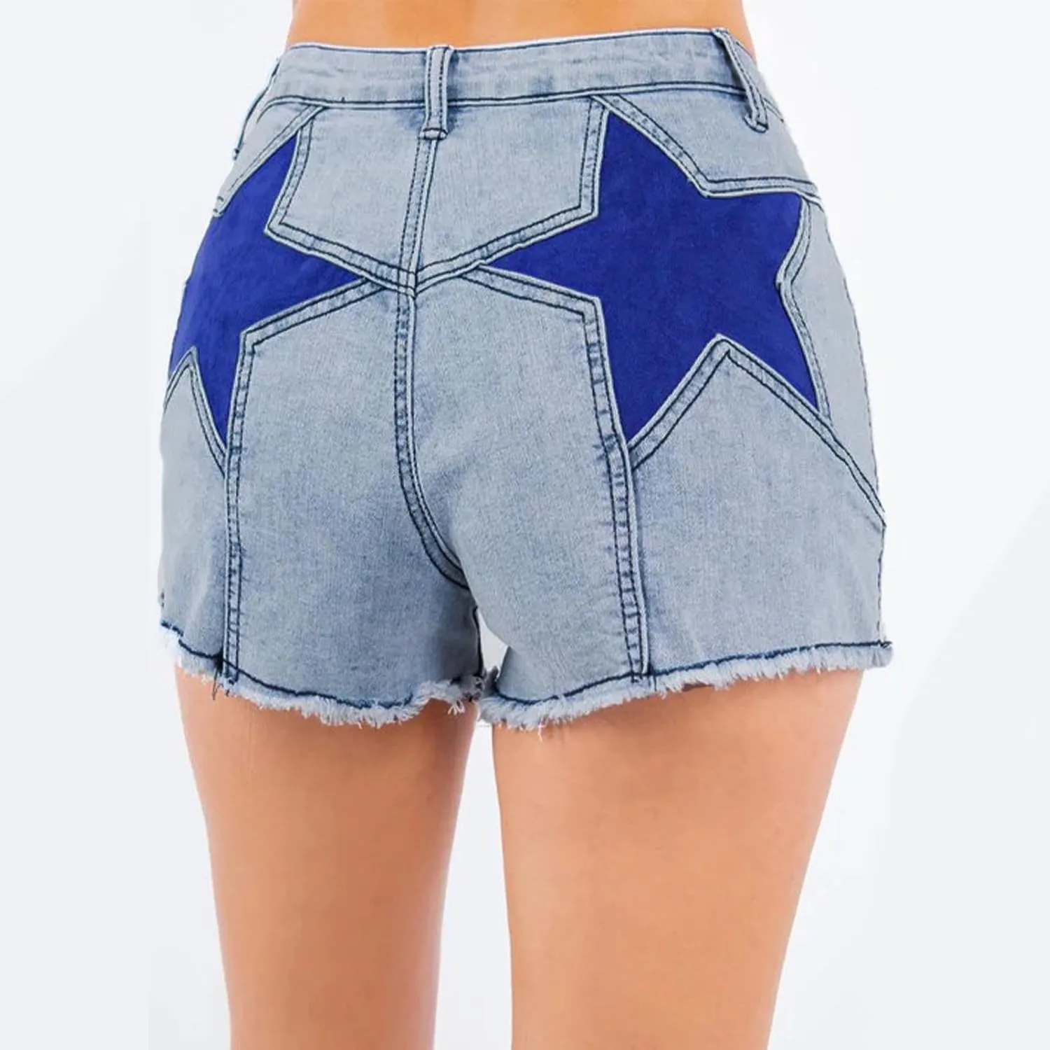 Womens Jean Shorts Stretchy High Waisted Star Patchwork Summer Beach Casual Trendy Frayed Hem Skinny Hot Denim Shorts