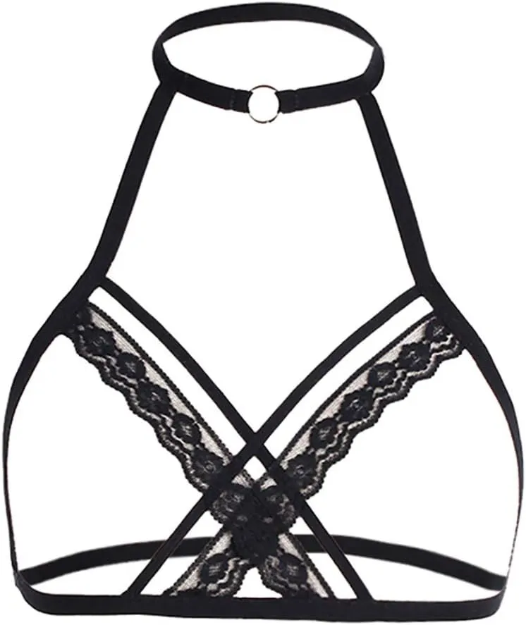 Women's Lace Floral Hollow Out Open Nipples Bralette Wire-Free Unlined Bra Top Babydoll Cut Halter Cage Bras for Women