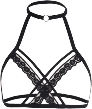 Women's Lace Floral Hollow Out Open Nipples Bralette Wire-Free Unlined Bra Top Babydoll Cut Halter Cage Bras for Women